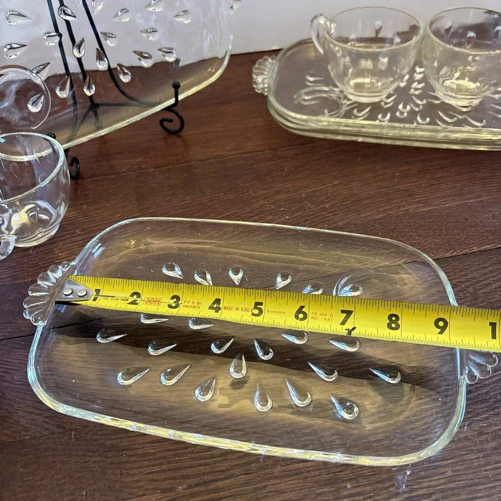 Vtg Hazel Atlas Glass Snack Plates & Cups Mid‎ Century Modern Raindrop Set Of 4